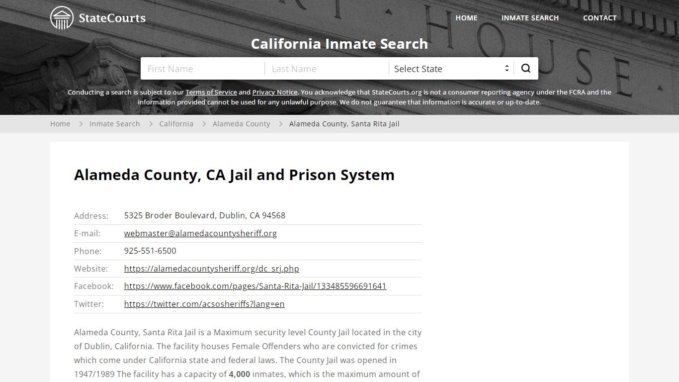 Alameda County, Santa Rita Jail Inmate Records Search ...