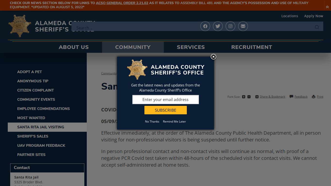 Santa Rita Jail Visiting | Alameda County Sheriff's Office, CA