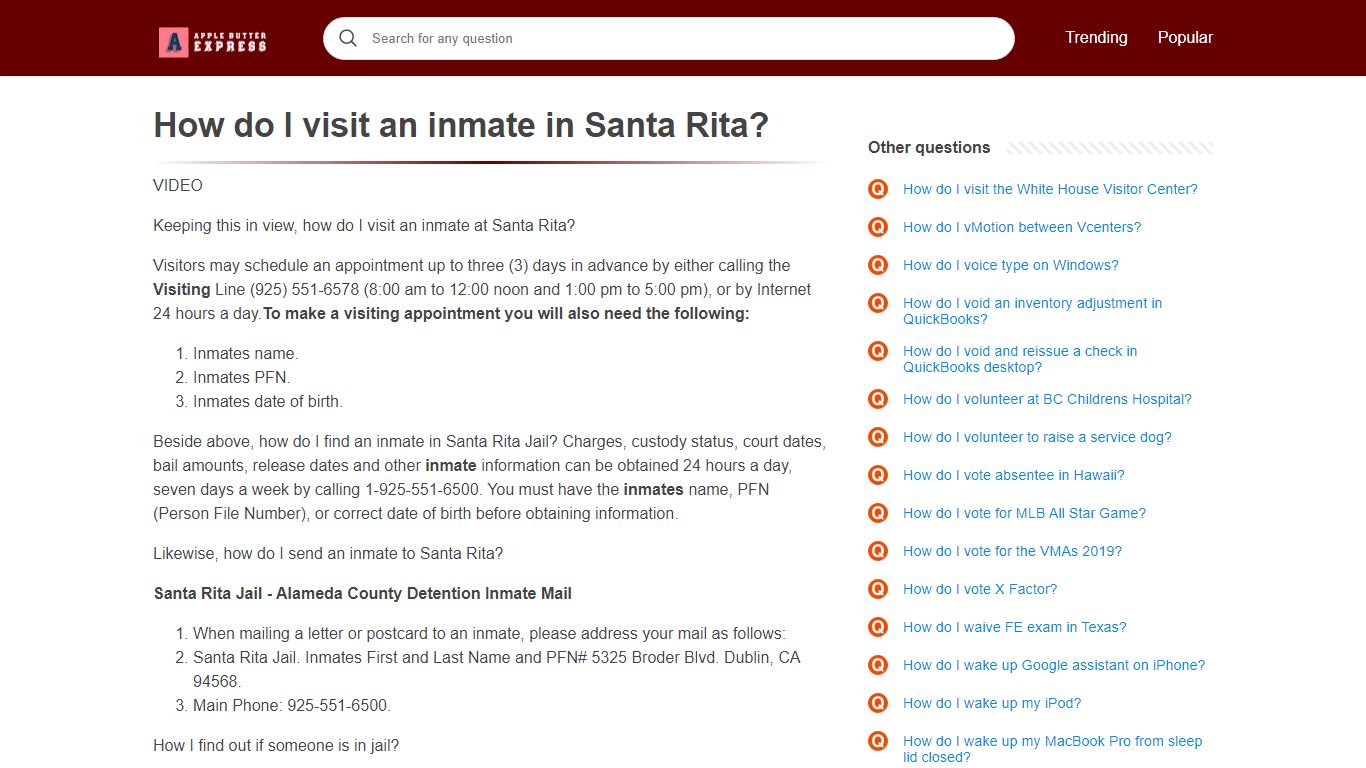 How do I visit an inmate in Santa Rita?